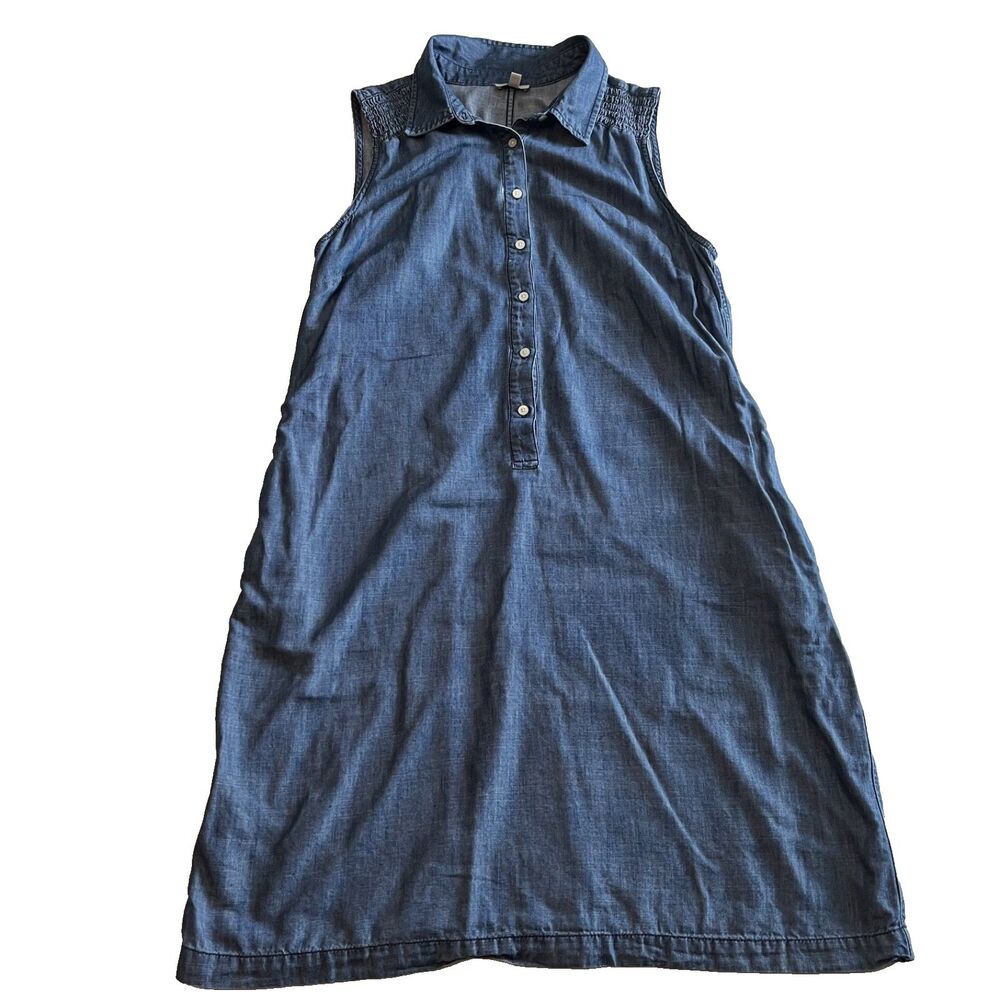 Talbots Dress sz 14 Casual Cotton Blend Chambray Denim Sleeveless Collar Button